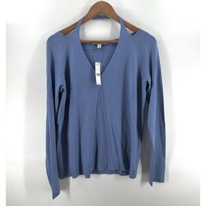 NWT Bogari Blue Womens Halter V-Neck Soft Knit‎ L Open Back Sweater